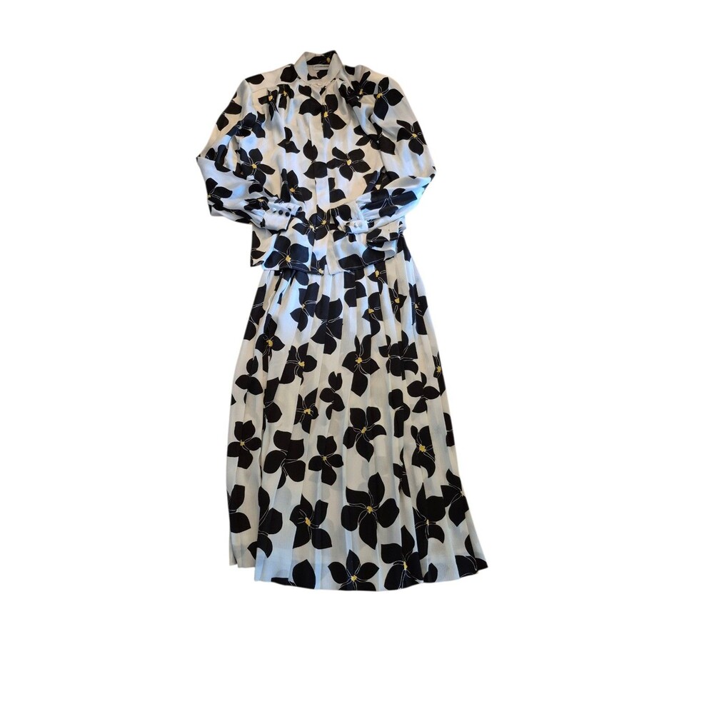 JH Collectibles VTG 70s Skirt Outfit Floral Midi Skirt Blouse Black Wht Sz XS